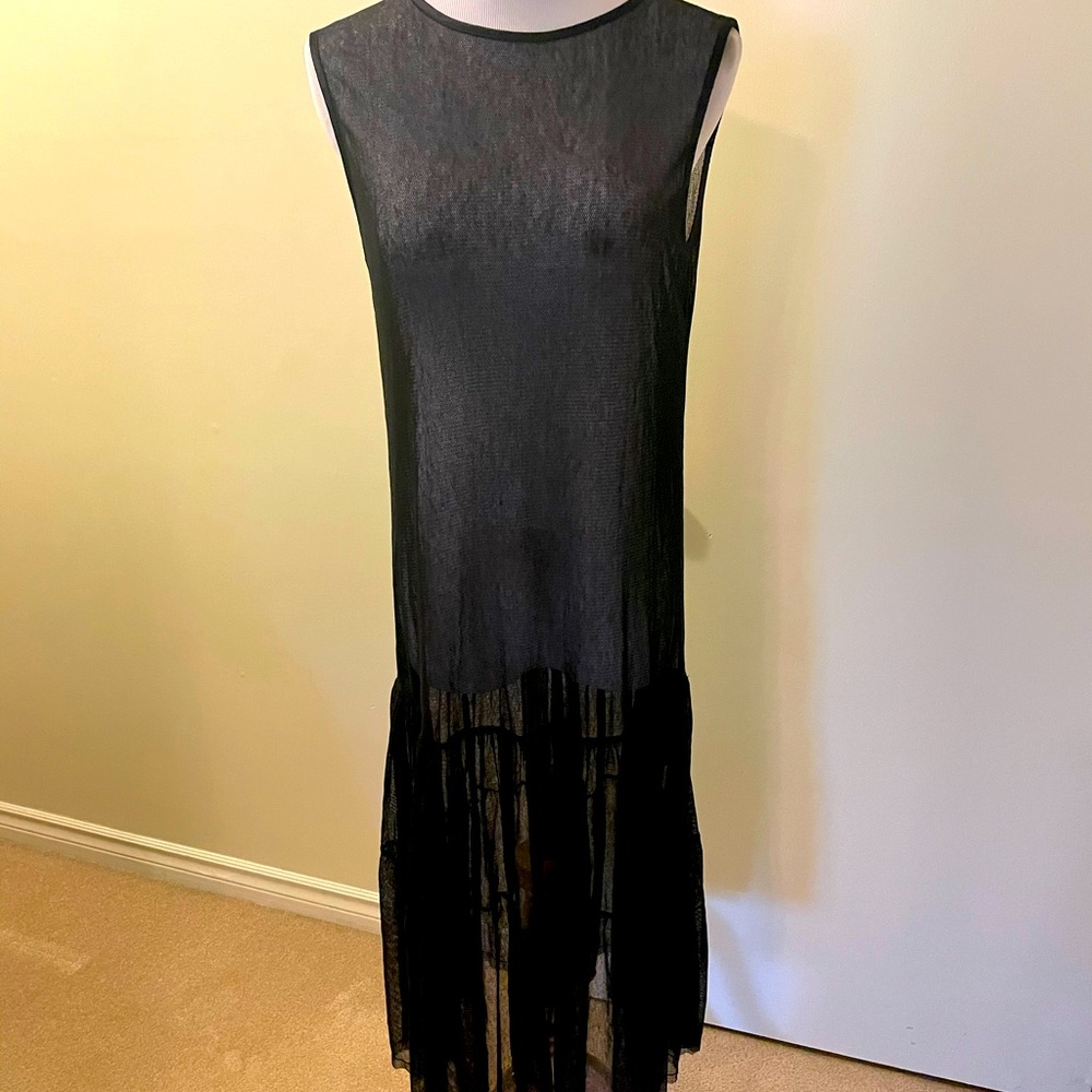 Long blk sheer slip dress with ruffle bottom